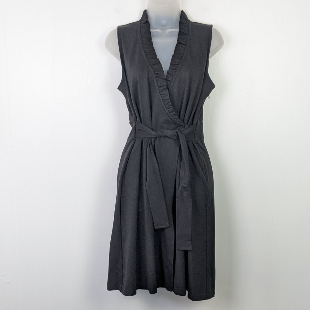 Ann Taylor Black Faux Wrap Ruffle Trim Dress